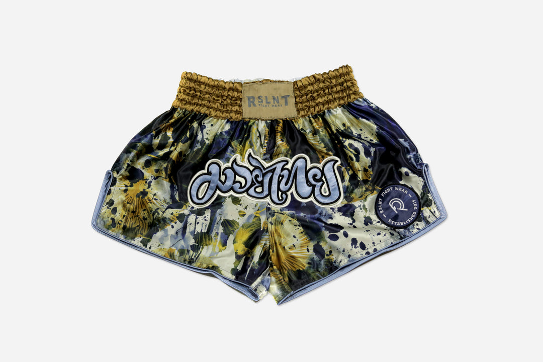 Drip Muay Thai Shorts (Navy/Gold) – RSLNT Fight Wear